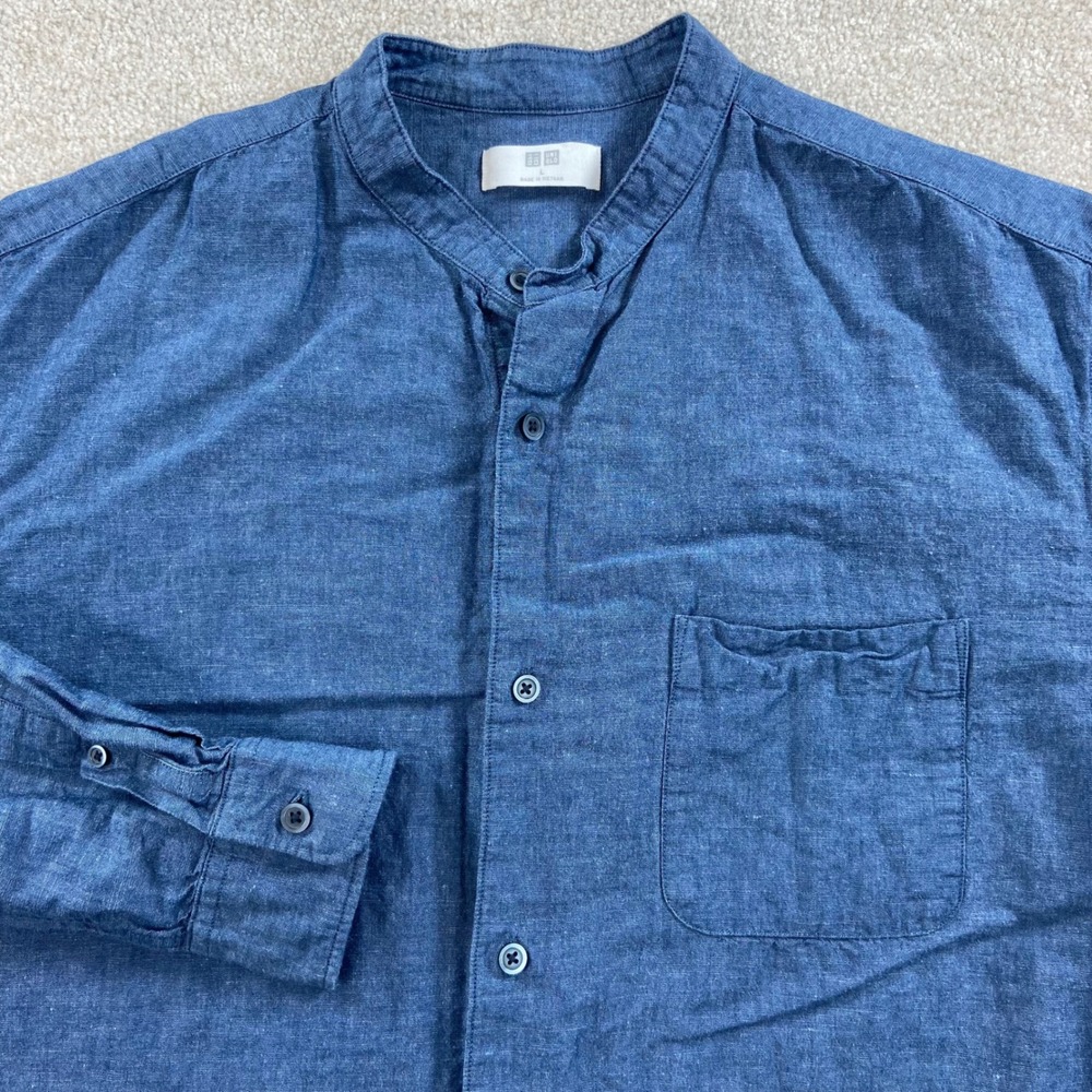 Uniqlo Shirt Mens Large Blue Linen Blend Band Collar Long Sleeve Button Up